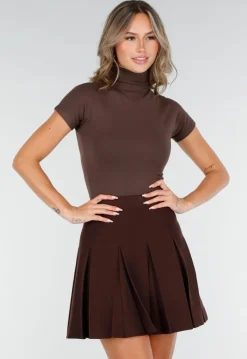 Bruine Stretch Top met Col en Korte Mouwen