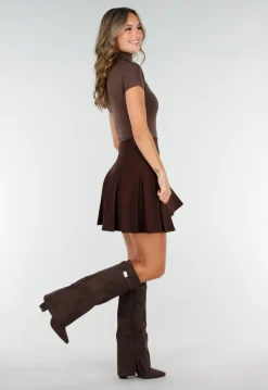 Bruine Stretch Top met Col en Korte Mouwen