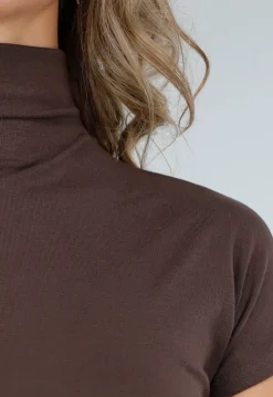 Bruine Stretch Top met Col en Korte Mouwen
