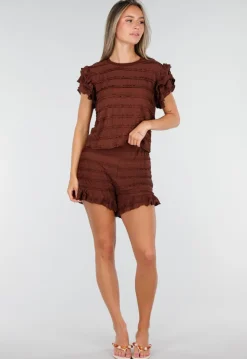 Bruine Stretch Two Piece met Ruches en Shorts