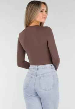 Bruine String Bodysuit met Lange Mouwen en Stretch