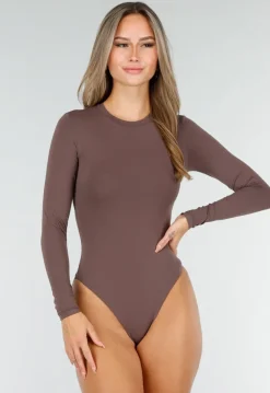Bruine String Bodysuit met Lange Mouwen en Stretch