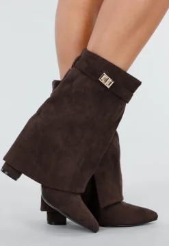Bruine Suède Look Enkellaarzen met Omslag en Gesp