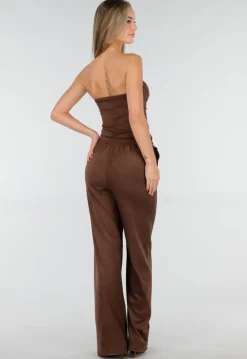 Bruine Suède Pantalon met Rechte Pijpen en Naaddetails