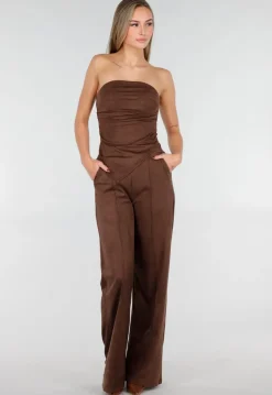 Bruine Suède Pantalon met Rechte Pijpen en Naaddetails