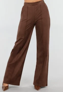 Bruine Suède Pantalon met Rechte Pijpen en Naaddetails