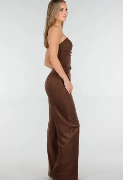 Bruine Suède Pantalon met Rechte Pijpen en Naaddetails