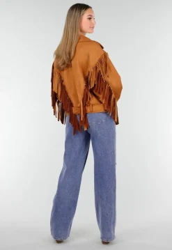 Bruine Suede Look Jas met Lange Fringe Details en Gespsluiting