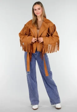 Bruine Suede Look Jas met Lange Fringe Details en Gespsluiting