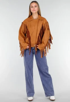 Bruine Suede Look Jas met Lange Fringe Details en Gespsluiting