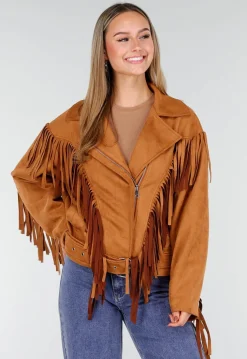 Bruine Suede Look Jas met Lange Fringe Details en Gespsluiting