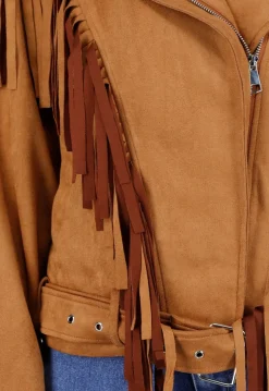 Bruine Suede Look Jas met Lange Fringe Details en Gespsluiting