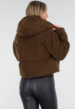 Bruine Teddy Puffer Jas met Hoge Kraag en Capuchon
