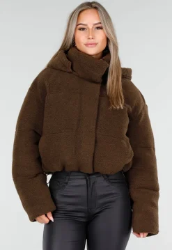 Bruine Teddy Puffer Jas met Hoge Kraag en Capuchon