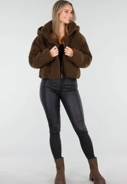 Bruine Teddy Puffer Jas met Hoge Kraag en Capuchon