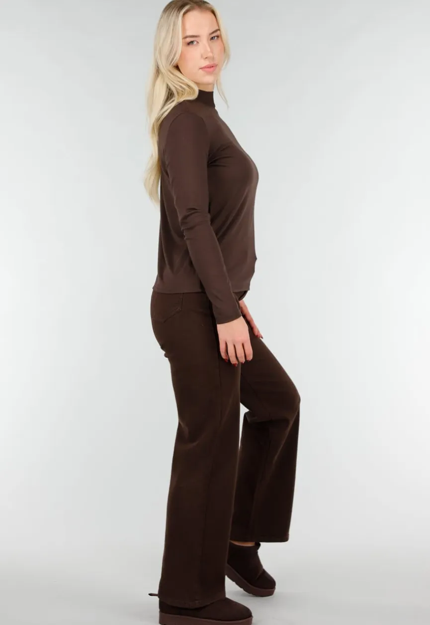 Bruine Top met Lange Mouwen en Col