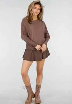 Bruine Transparante Mesh Top met Lange Mouwen en Stretch