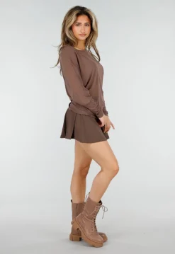 Bruine Transparante Mesh Top met Lange Mouwen en Stretch