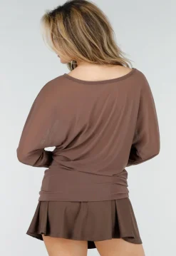 Bruine Transparante Mesh Top met Lange Mouwen en Stretch
