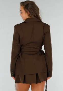 Bruine Tweedelige Set met Blazer met Veteraccent en Rok met Hoge Taille
