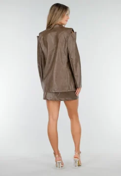 Bruine Two Piece Set van Lederlook met Blazer en Rok