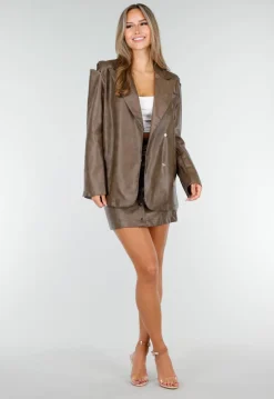 Bruine Two Piece Set van Lederlook met Blazer en Rok