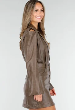 Bruine Two Piece Set van Lederlook met Blazer en Rok