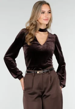 Bruine Velours Top met Cut-Out Halslijn en Lange Mouwen