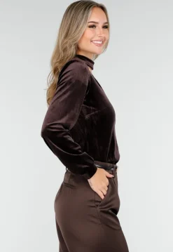 Bruine Velours Top met Cut-Out Halslijn en Lange Mouwen