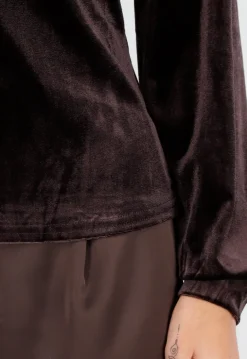 Bruine Velours Top met Cut-Out Halslijn en Lange Mouwen