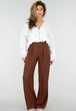 Bruine Wide Leg Broek met Elastische Taille en Plooien