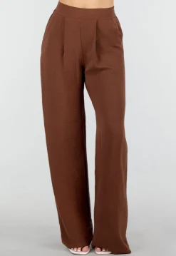 Bruine Wide Leg Broek met Elastische Taille en Plooien
