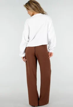 Bruine Wide Leg Broek met Elastische Taille en Plooien