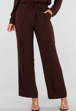 Bruine Wide Leg Broek met Elastische Taille en Strikkoord