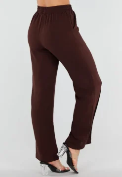 Bruine Wide Leg Broek met Elastische Taille en Strikkoord