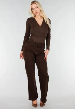 Bruine Wrap Bodysuit met Lange Mouw