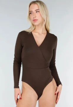 Bruine Wrap Bodysuit met Lange Mouw