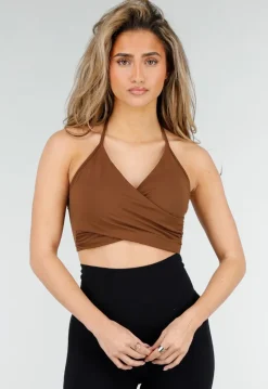 Bruine Wrap Halter Crop Top met Open Rug en Push Up Pads