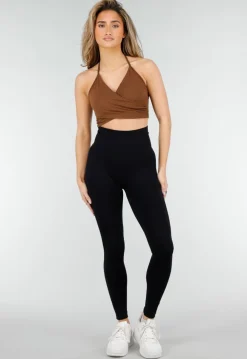 Bruine Wrap Halter Crop Top met Open Rug en Push Up Pads