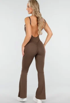Bruine Yoga Jumpsuit Met Flared Pijpen en Lage Rug
