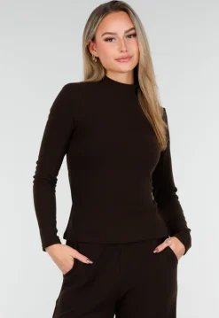 Bruine Zachte Stretch Top met Col en Lange Mouwen