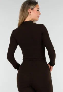 Bruine Zachte Stretch Top met Col en Lange Mouwen
