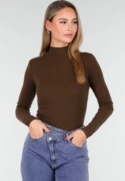 Bruine Zachte Stretch Top met Lange Mouwen en Col