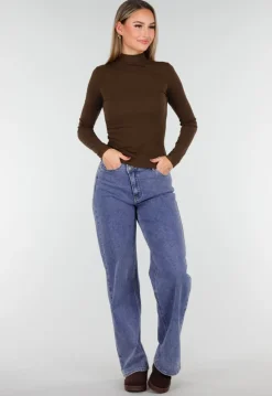Bruine Zachte Stretch Top met Lange Mouwen en Col