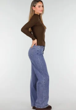 Bruine Zachte Stretch Top met Lange Mouwen en Col