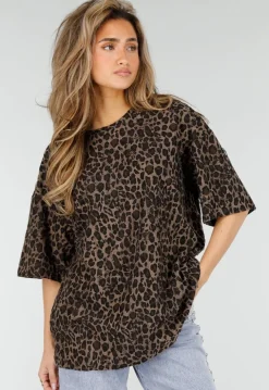 Bruin Oversized Cheetahprint T-Shirt met Korte Mouwen