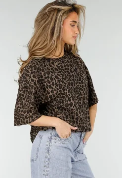 Bruin Oversized Cheetahprint T-Shirt met Korte Mouwen