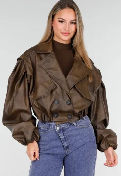 Bruin Oversized Faux Leather Jasje met Pofmouwen