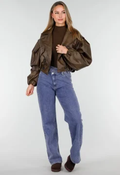Bruin Oversized Faux Leather Jasje met Pofmouwen