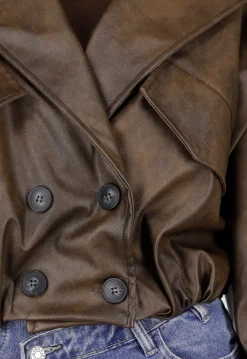 Bruin Oversized Faux Leather Jasje met Pofmouwen